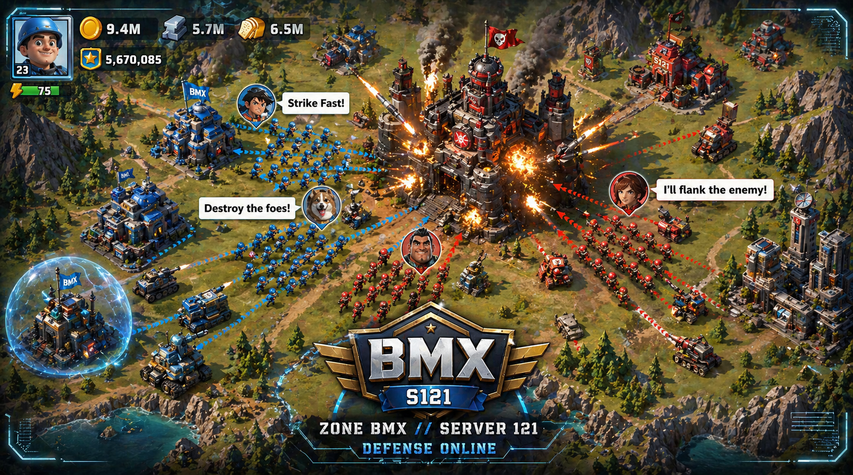 Illustration BMX : carte stratégique isométrique, bases, troupes, forteresse centrale et serveur 121